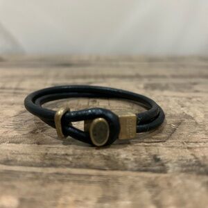 Black Leather Wrap Bracelet with Brass Hardware